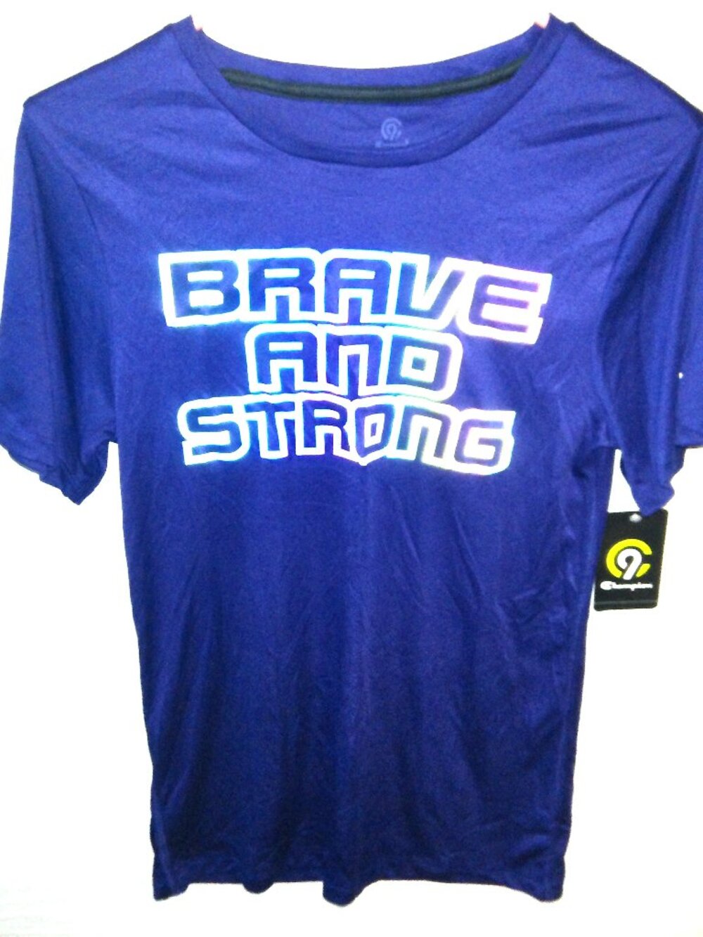 Champion T-Shirt Boys Size Large Navy Blue Brave and Strong GRAY Logo NEW